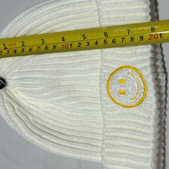 Hat Beanie Knit Cap Smiley Face Fleece Ivory Yellow - Picture 8 of 8